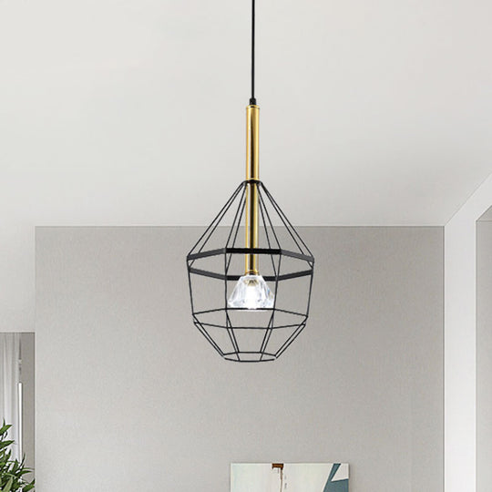 Industrial Style Pendant Lamp with Caged Metal and Clear Crystal Shade, Black Finish