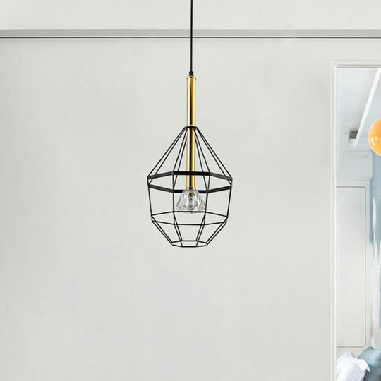 Industrial Style Pendant Lamp with Caged Metal and Clear Crystal Shade, Black Finish