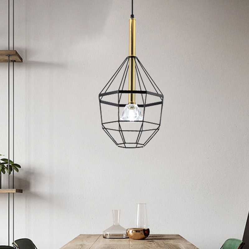 Industrial Style Pendant Lamp with Caged Metal and Clear Crystal Shade, Black Finish