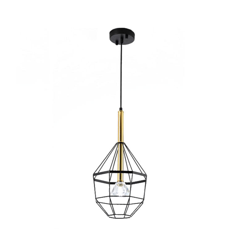 Industrial Style Pendant Lamp with Caged Metal and Clear Crystal Shade, Black Finish