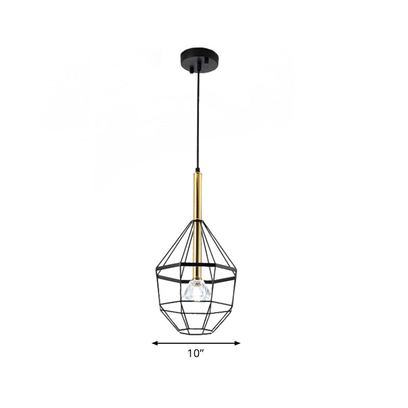 Industrial Style Pendant Lamp with Caged Metal and Clear Crystal Shade, Black Finish