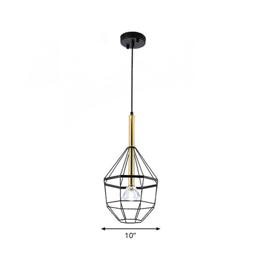 Industrial Style Pendant Lamp with Caged Metal and Clear Crystal Shade, Black Finish