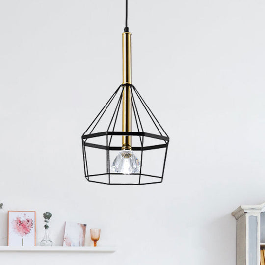 Industrial Style Pendant Lamp with Caged Metal and Clear Crystal Shade, Black Finish