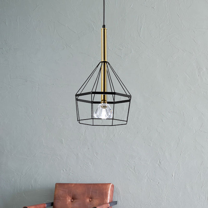 Industrial Style Pendant Lamp with Caged Metal and Clear Crystal Shade, Black Finish