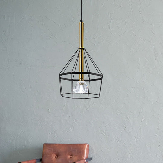 Industrial Style Pendant Lamp with Caged Metal and Clear Crystal Shade, Black Finish