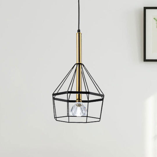 Industrial Style Pendant Lamp with Caged Metal and Clear Crystal Shade, Black Finish
