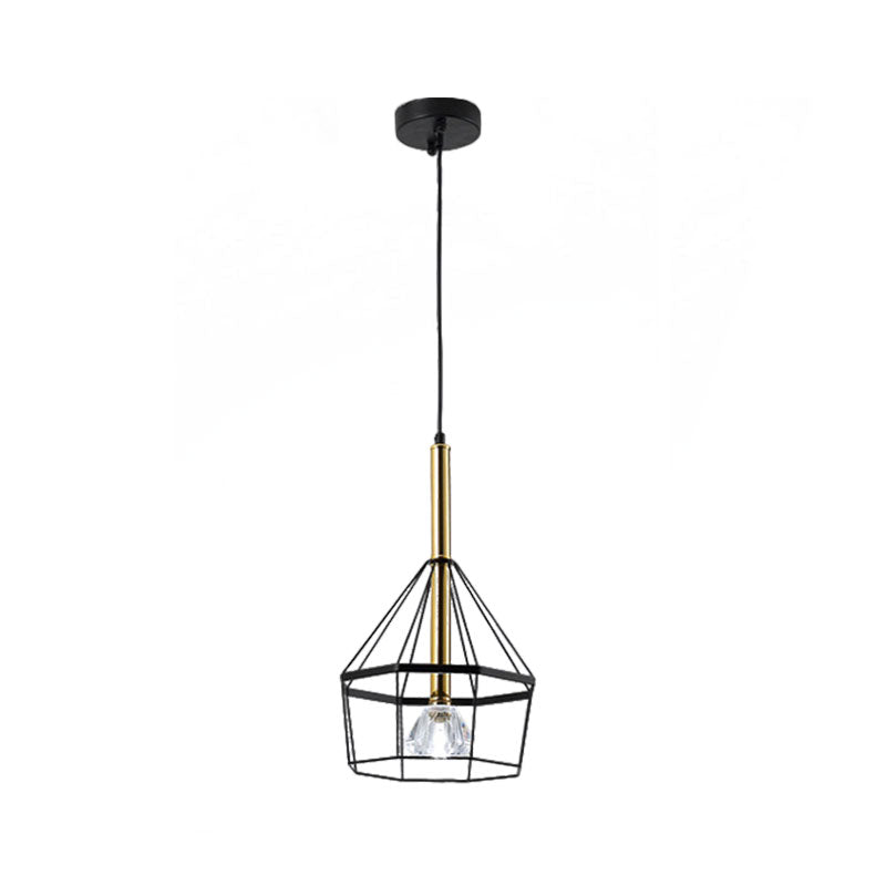 Industrial Style Pendant Lamp with Caged Metal and Clear Crystal Shade, Black Finish