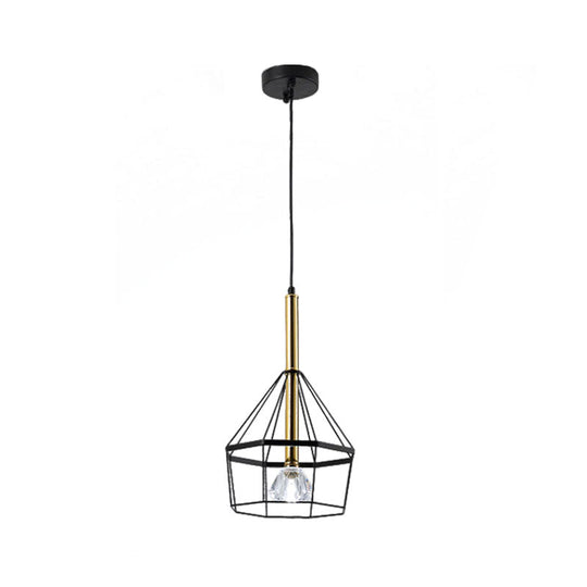 Industrial Style Pendant Lamp with Caged Metal and Clear Crystal Shade, Black Finish