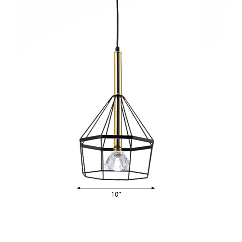 Industrial Style Pendant Lamp with Caged Metal and Clear Crystal Shade, Black Finish