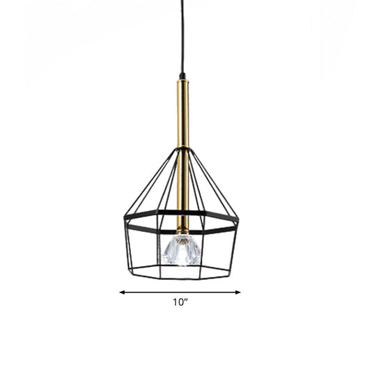 Industrial Style Pendant Lamp with Caged Metal and Clear Crystal Shade, Black Finish