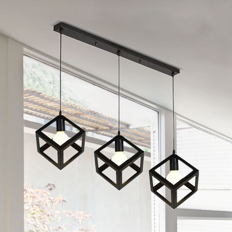 Metal Industrial Pendant Light with Wire Cage Shade - 3 Bulbs, Black/White, Living Room Ceiling Lamp