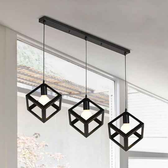 Metal Industrial Pendant Light with Wire Cage Shade - 3 Bulbs, Black/White, Living Room Ceiling Lamp