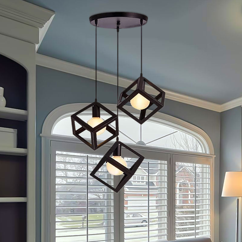 Metal Industrial Pendant Light with Wire Cage Shade - 3 Bulbs, Black/White, Living Room Ceiling Lamp