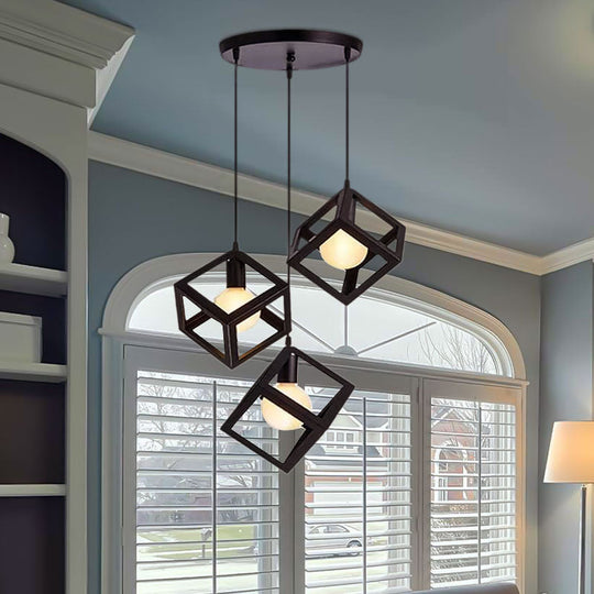 Metal Industrial Pendant Light with Wire Cage Shade - 3 Bulbs, Black/White, Living Room Ceiling Lamp