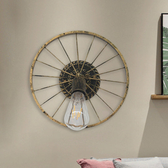 Farmhouse Style Metal Wall Sconce Lamp – Black/Bronze Wheel Design with Open Bulb – 1 Light Restaurant Lighting