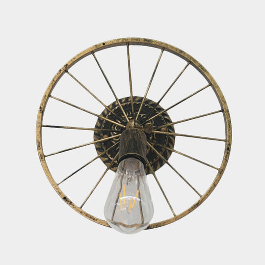 Farmhouse Style Metal Wall Sconce Lamp – Black/Bronze Wheel Design with Open Bulb – 1 Light Restaurant Lighting