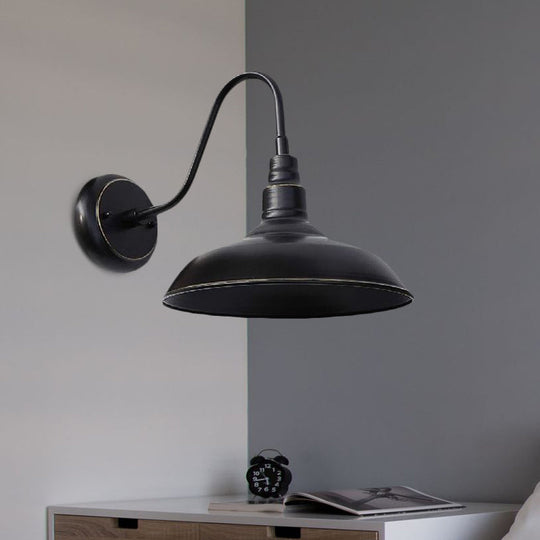 Farmhouse Barn Wall Sconce Lamp with Gooseneck Arm - Outdoor Metal Lighting (Black)
