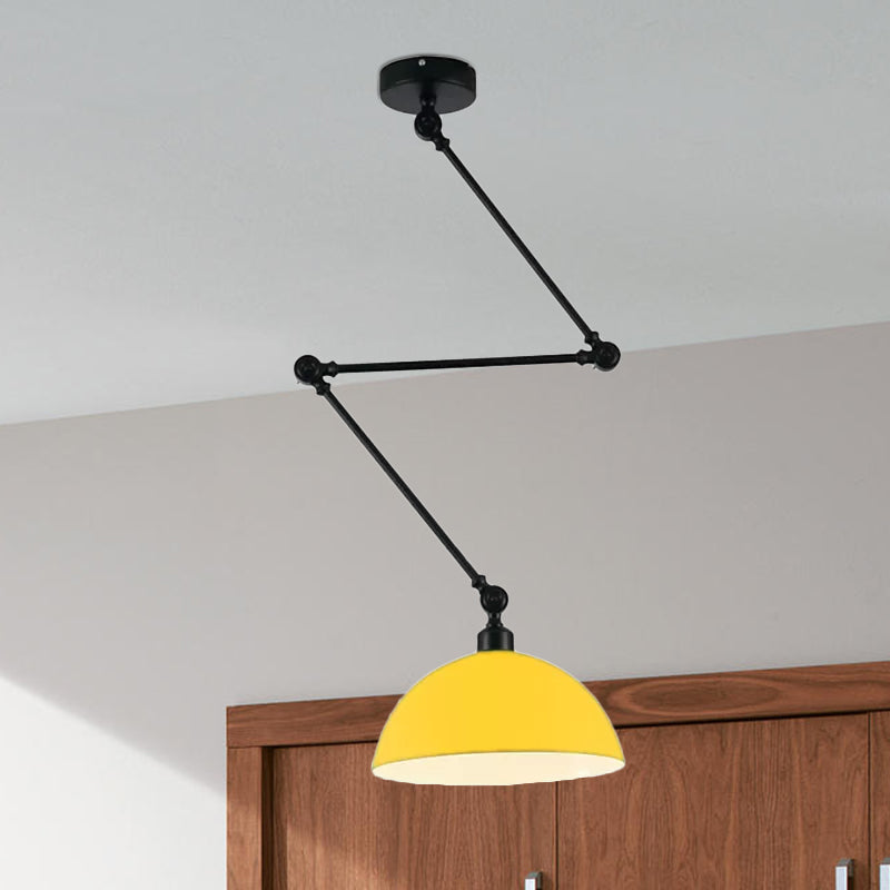 Industrial Style Metal Kitchen Pendant Lamp - Domed, Green/Yellow 1-Light Suspension with Extendable Arm