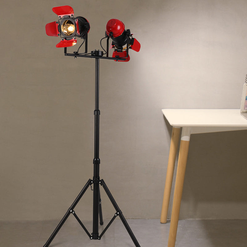 Red Tripod Design Retro Industrial Floor Lamp - 2 Lights - Metallic Standing Light for Studios