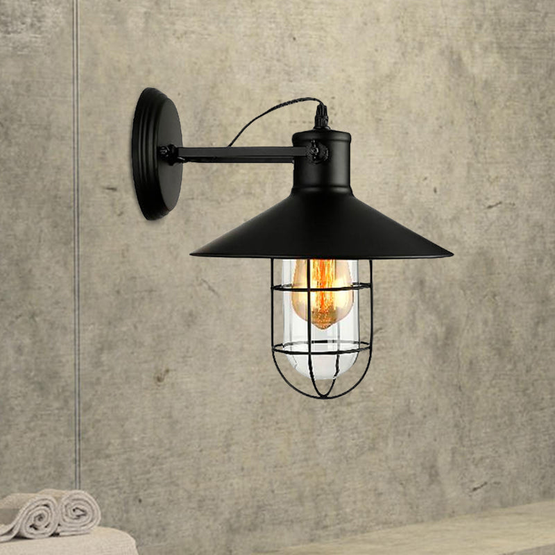 Industrial Black Cone Sconce with Clear Glass - Kitchen Wall Lamp with Cage and Plug-In Cord