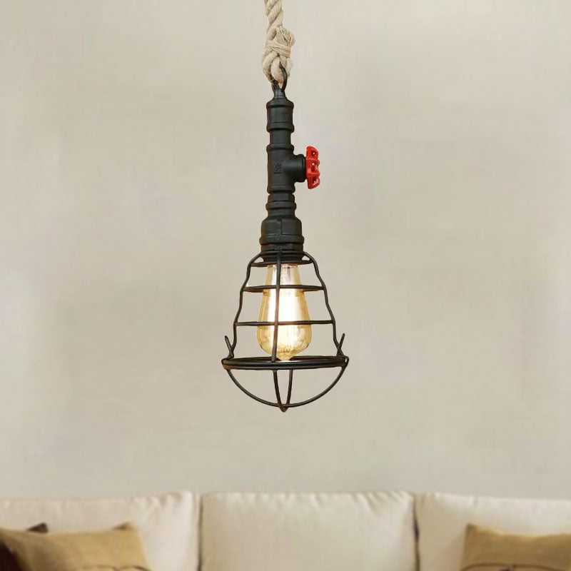 Rustic Caged Pendant Light - Black Metal Hanging Light with Pipe & Rope Cord - Ideal for Bars