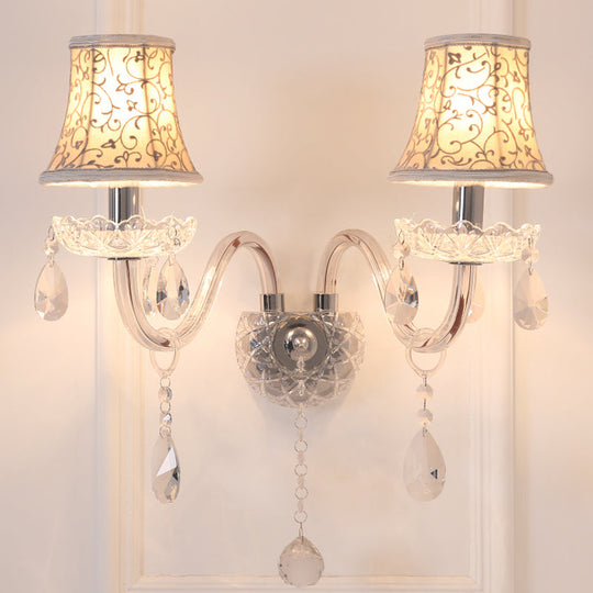 Traditional 2-Headed Wall Sconce with Bell Shade, Flower-Patterned Fabric & Crystal Droplets for Bedroom