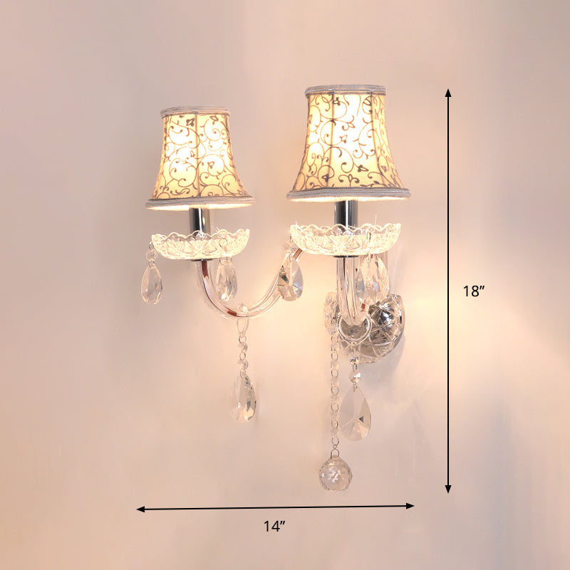 Traditional 2-Headed Wall Sconce with Bell Shade, Flower-Patterned Fabric & Crystal Droplets for Bedroom