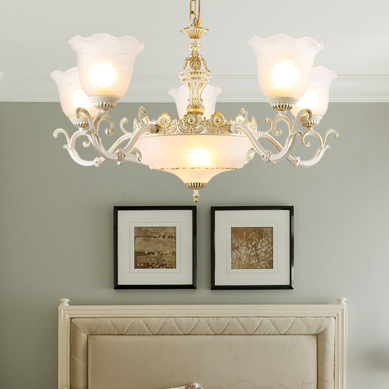 Opaline Glass Flower Ceiling Lamp - Traditional Pendant Chandelier - White/Gold - 5/7-Light for Drawing Room