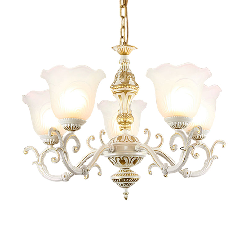 Opaline Glass Flower Ceiling Lamp - Traditional Pendant Chandelier - White/Gold - 5/7-Light for Drawing Room