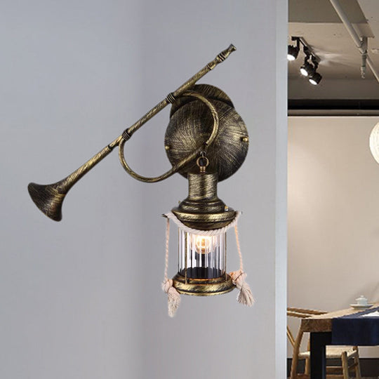 Coastal Bedroom Wall Light with Lantern Shade - Clear Ribbed Glass Sconce Fixture