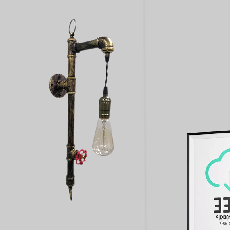 Rustic Antique Brass Pipe Wall Sconce with Industrial Iron and Hanging Bulb for Living Room