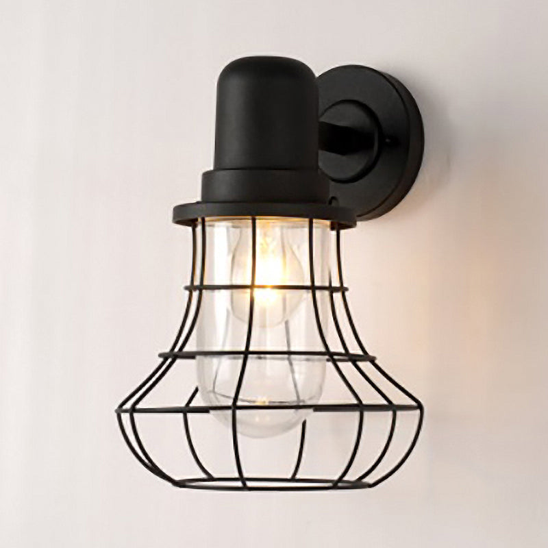 Industrial Black Metal Sconce Light with Clear Glass Shade for Porch - 1 Light Wire Frame Wall Lamp