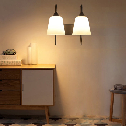Industrial Black Tapered Wall Lamp with Frosted Glass Sconce - 2-Bulb Light Fixture for Bedroom