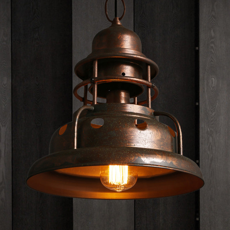 Rustic Barn Pendant Light with One Hanging Wrought Iron Fixture and Hole Design in Weathered Copper