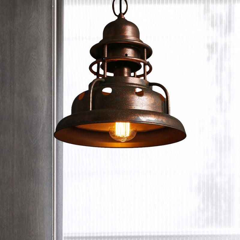 Rustic Barn Pendant Light with One Hanging Wrought Iron Fixture and Hole Design in Weathered Copper
