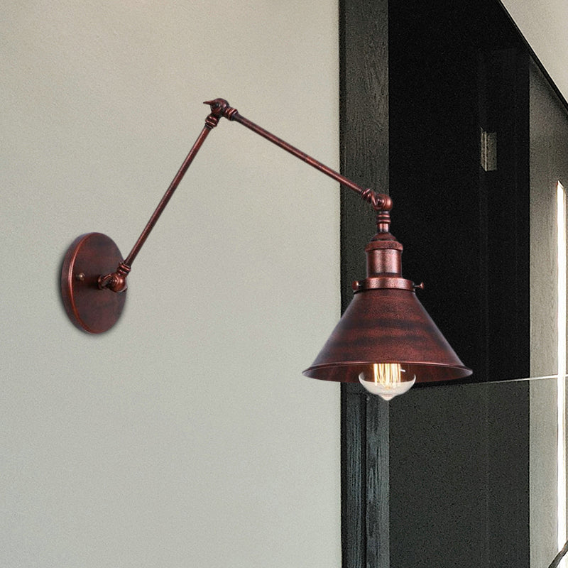 Industrial Swing Arm Wall Sconce - Conic Study Room Lamp (1 Bulb) - Black/Brass Metallic Finish