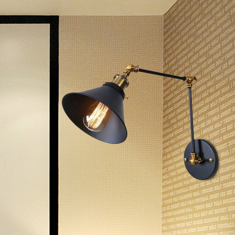 Industrial Swing Arm Wall Sconce - Conic Study Room Lamp (1 Bulb) - Black/Brass Metallic Finish