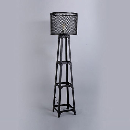 Industrial Black Metal Standing Floor Light with Mesh Screen and Drum Shade