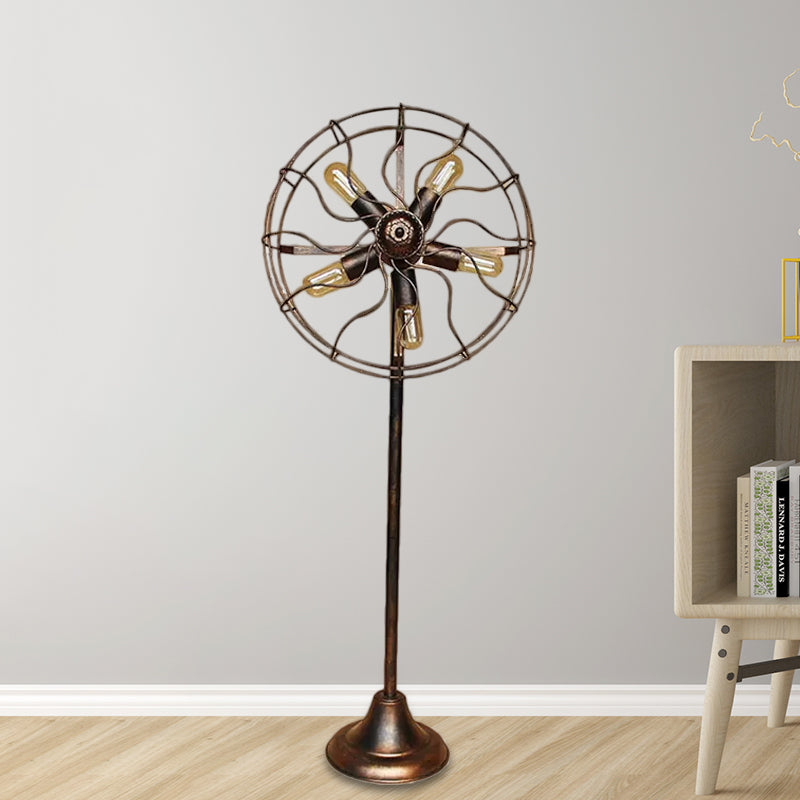 Antique Bronze 5-Light Fan Design Floor Lamp with Cage Shade - Rustic Loft Wrought Iron Indoor Lighting