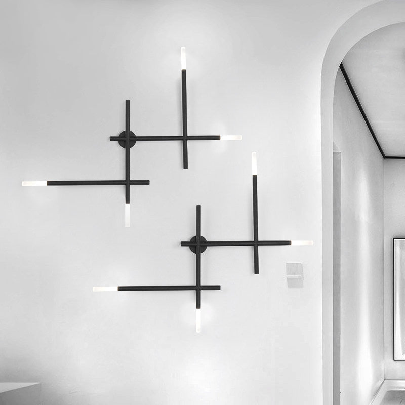 Modern Metal Crossed Lines Wall Sconce Light - 4-Light Black/Gold Wall Lamp in Warm/White