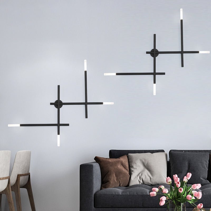 Modern Metal Crossed Lines Wall Sconce Light - 4-Light Black/Gold Wall Lamp in Warm/White