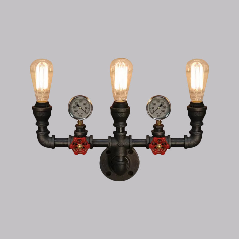 Steampunk Restaurant Wall Lighting in Black: 2/3-Lights Wall Mount with Metal Pipe and Gauge