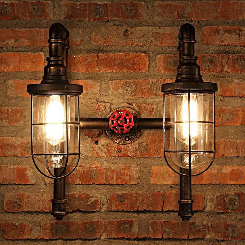 Industrial Metallic 2-Light Wall Sconce with Cage Shade and Red Valve - Black/Bronze Tubed Kitchen Lighting Fixture