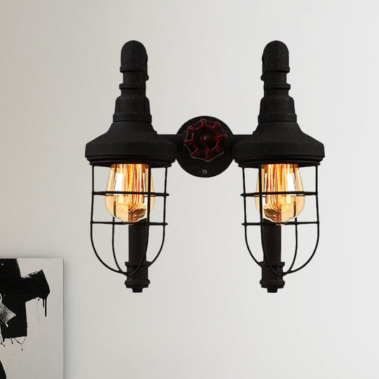 Industrial Metallic 2-Light Wall Sconce with Cage Shade and Red Valve - Black/Bronze Tubed Kitchen Lighting Fixture