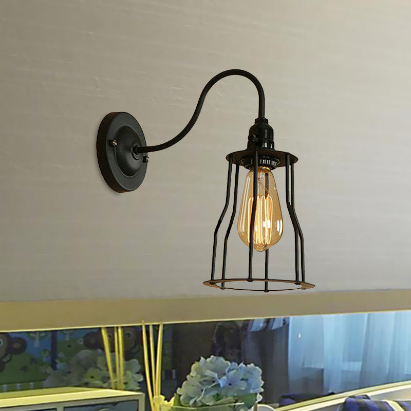 Industrial 1-Head Black Gooseneck Wall Light with Cage Shade for Living Room