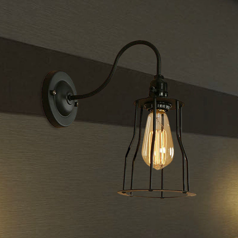 Industrial 1-Head Black Gooseneck Wall Light with Cage Shade for Living Room
