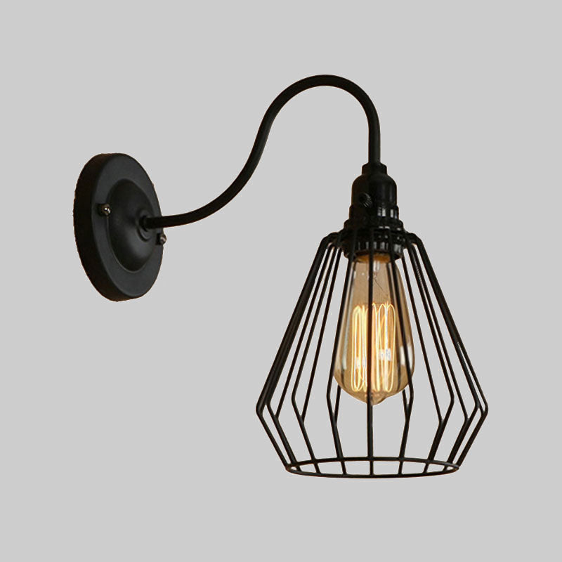 Industrial 1-Head Black Gooseneck Wall Light with Cage Shade for Living Room