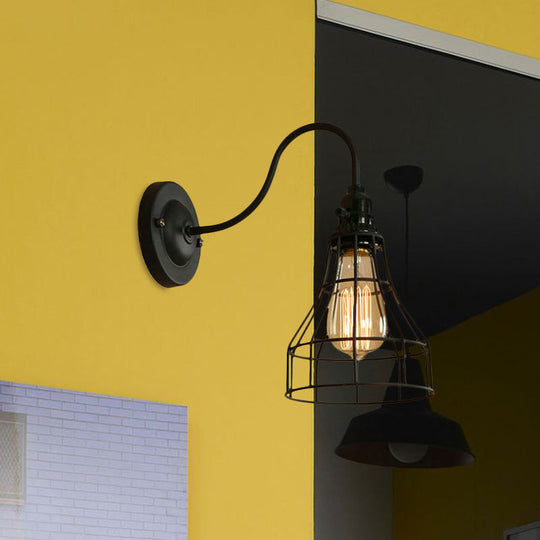 Industrial 1-Head Black Gooseneck Wall Light with Cage Shade for Living Room