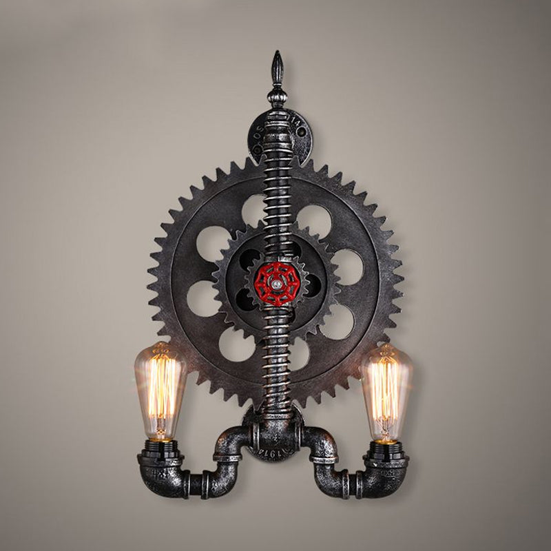 Farmhouse Black Finish Wall Lamp with Gear Design - 2-Light Open Bulb, Metallic - Mountable Over Table