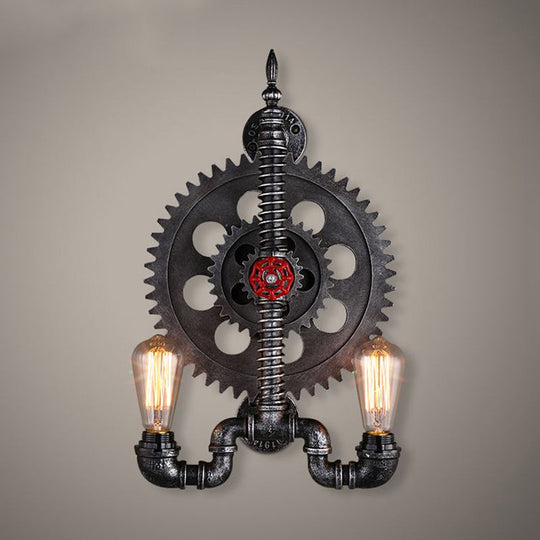 Farmhouse Black Finish Wall Lamp with Gear Design - 2-Light Open Bulb, Metallic - Mountable Over Table